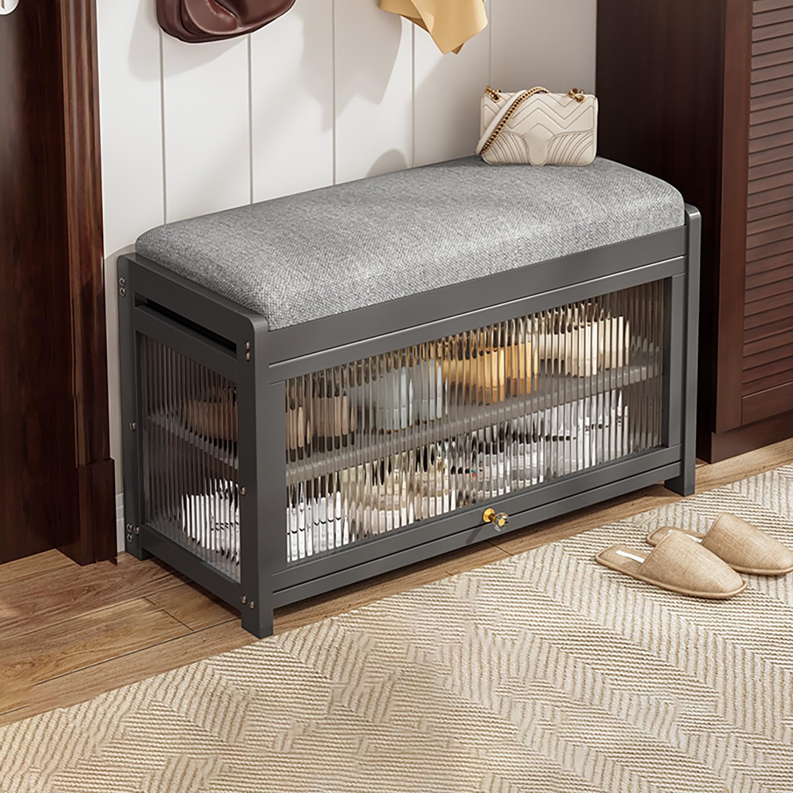 Étagère à chaussures entrée étroite : solution rangement compact bois et verre
