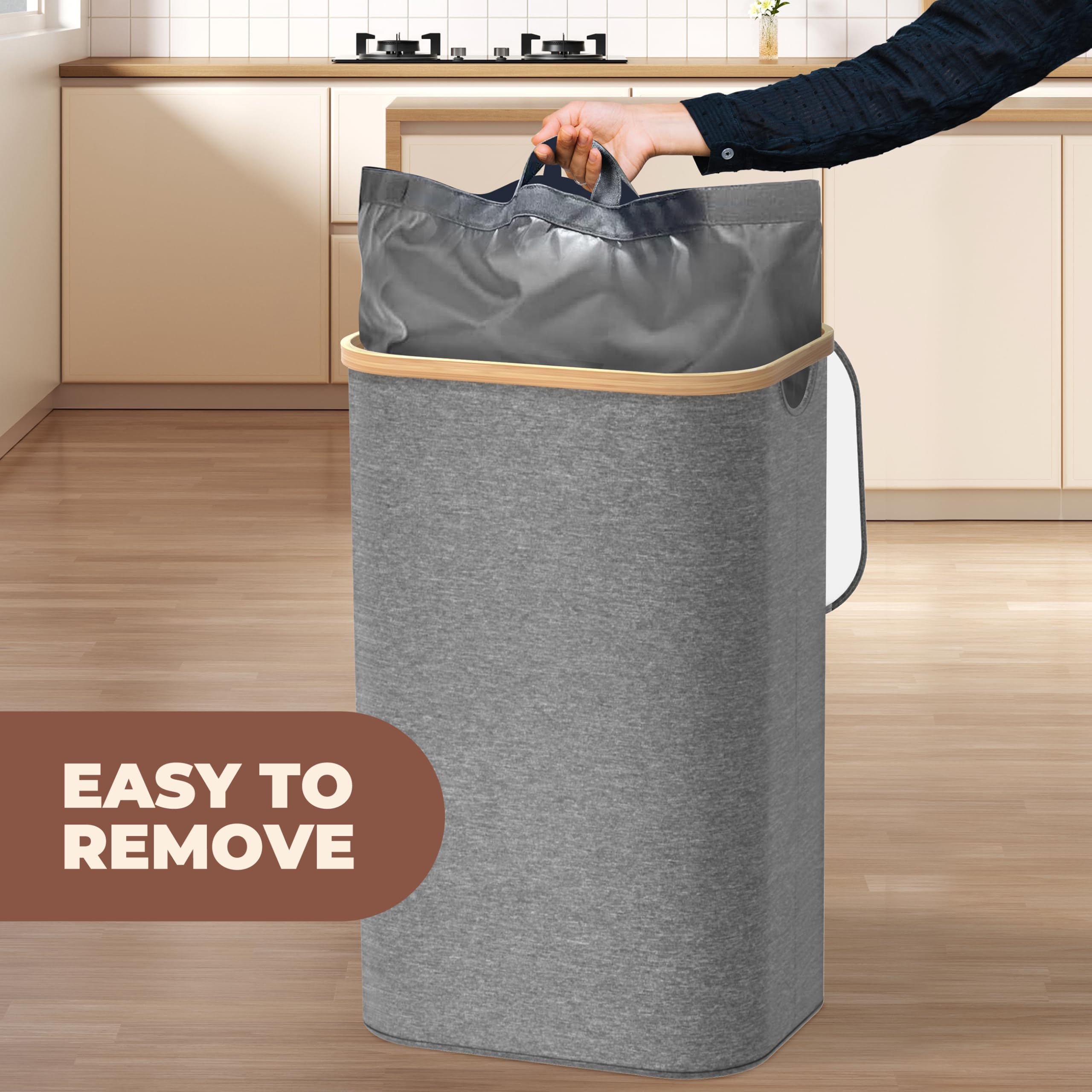 Returnable Bottle Container 100L Grå – Bottle Collector with 2 Transport Bags – Deposit Bottle Container Drop Hole – Bamboo Foldable