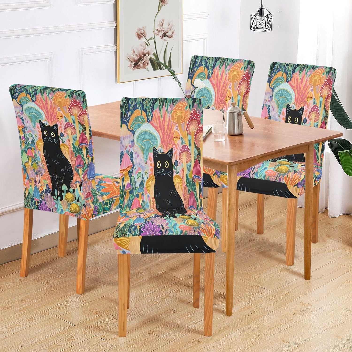 ALAZA Chair Covers for Dining Room, Mushroom Black Cat Stretch Chair Cover Sets Chair Protector Removable Washable for Ktichen Restaurant Hotel