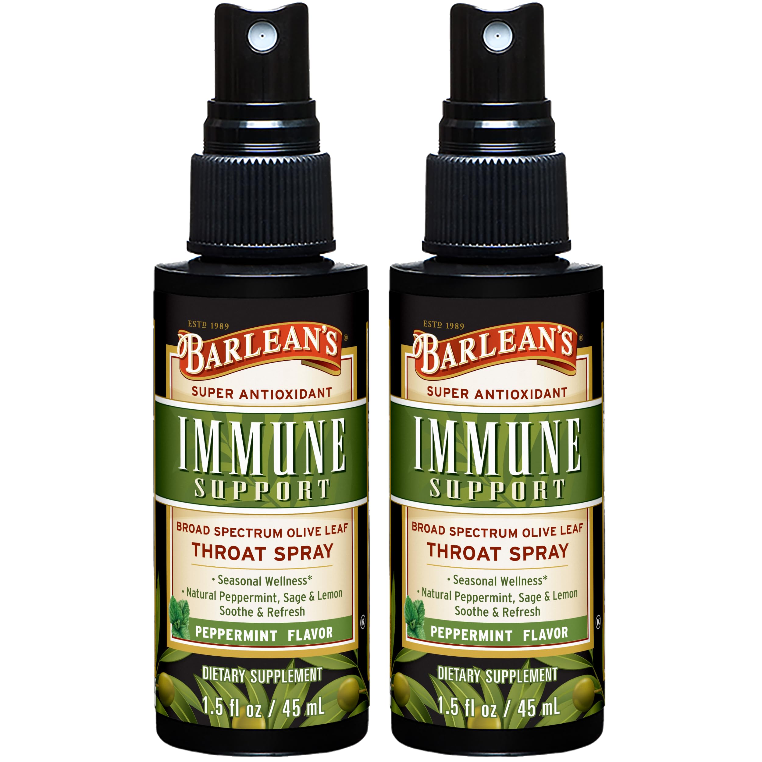 Barlean's 2 Pack Olive Leaf Complex Throat Spray with Peppermint, Lemon, and Sage for Itchy Throat Relief, Immune Support Supplement, Liquid Blended Extract, 1.5 oz