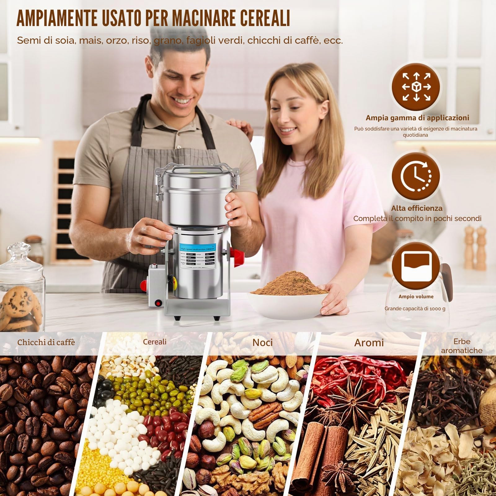 Mulino elettrico per grano da 1000 g, frantoio per grano 3000 W ad alta velocità, macchina per polvere commerciale con protezione da sovraccarico per cereali secchi, riso, chicchi di mais