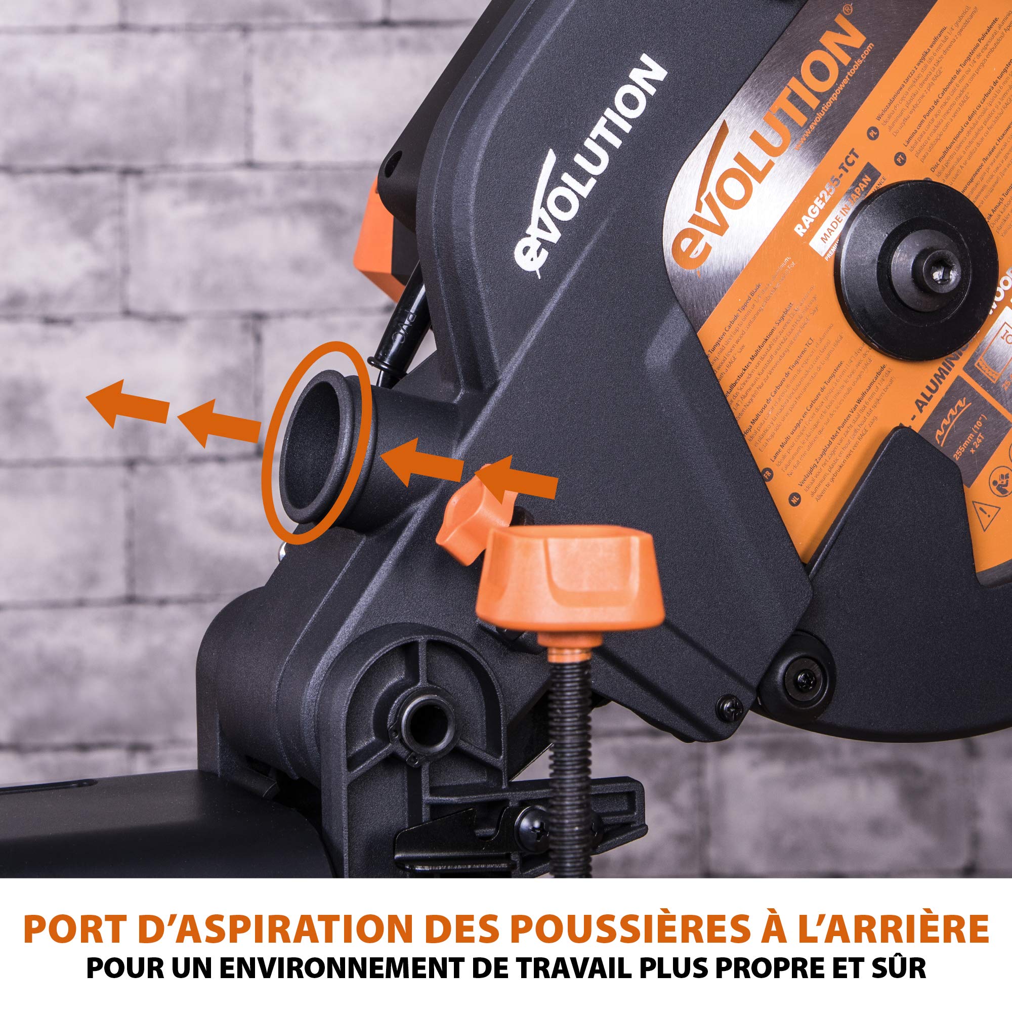 Evolution Power Tools Scie à Onglet Coulissante avec des Caractéristiques PLUS - 0-45˚ Biseau, 50-50˚ Onglet - Coupe Multi-Matériaux - Le Bois, Le Plastique, Le Métal Lame Incluse 255mm - R255SMS+