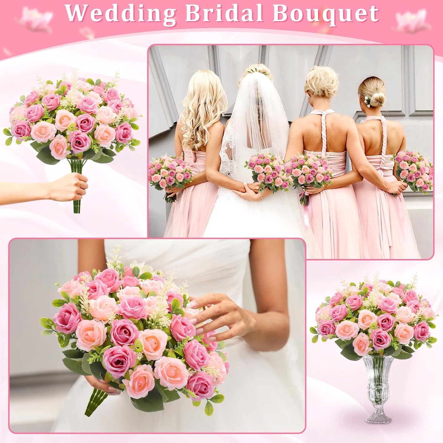 TURNMEON 40 Heads Fake Roses Artificial Flowers for Outdoors Spring Decor, 4 Bouquets UV Resistant Fake Flower Bouquet Faux Silk Roses for Wedding Birthday Party Home Summer Cemetery Decor(Pink)