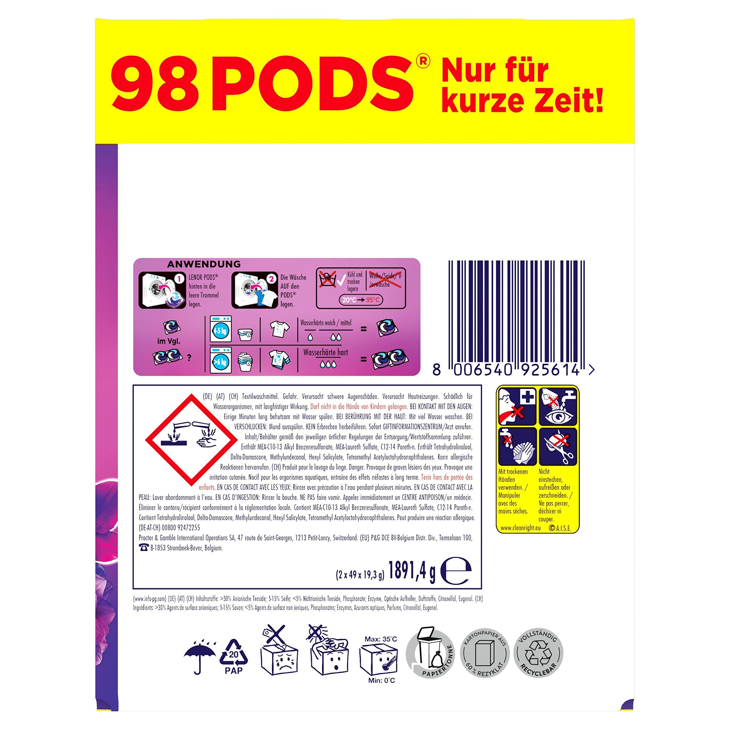Lenor Colorwaschmittel Allin1 PODS Amethyst Blütentraum 98 Waschladungen, Hygienische Tiefenreinigung und Lang Anhaltende Frische
