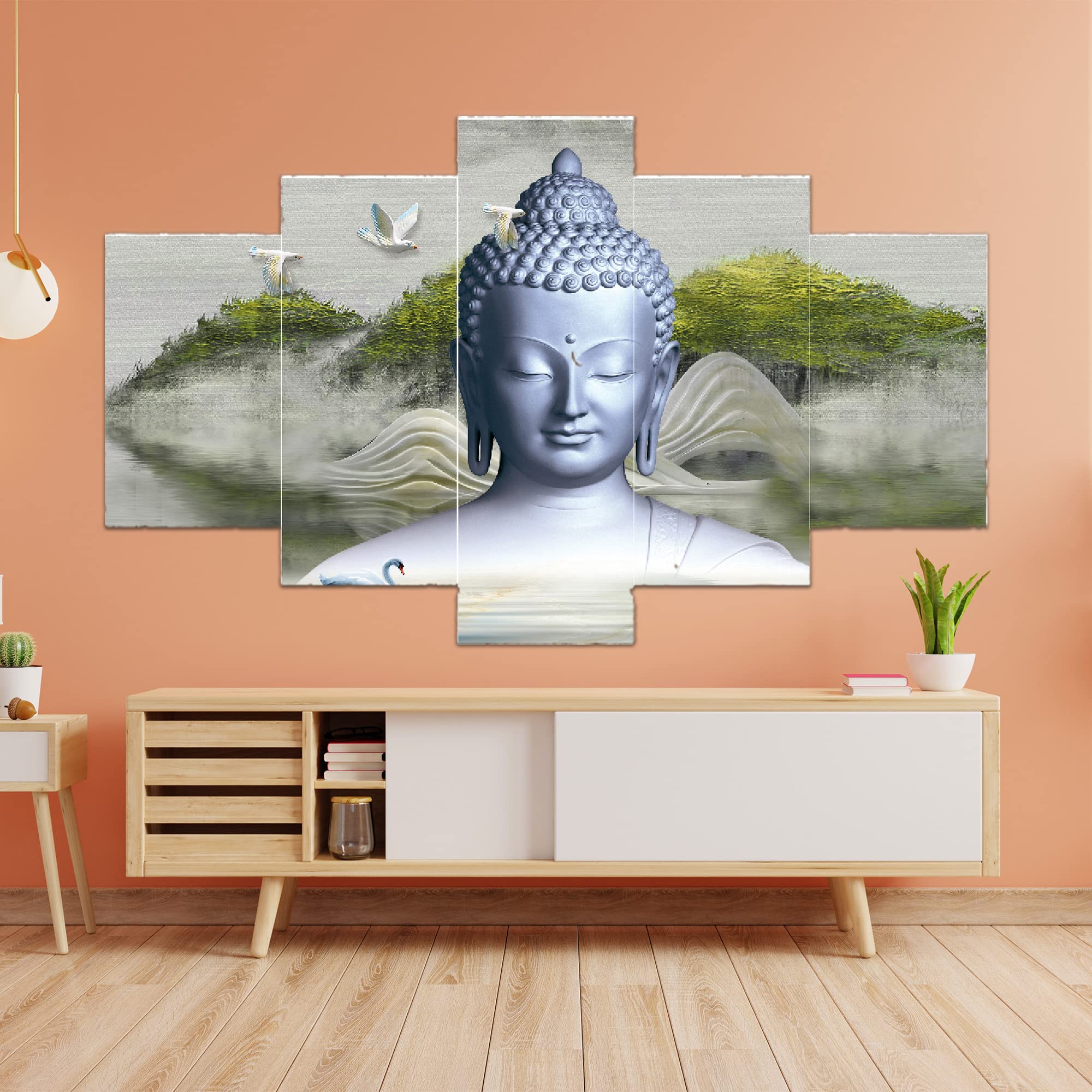 Great Art Set Gautam Buddha Of Five Wall Painting with Frame for Home Decoration, Living Room, Office, Hotel Big Size Wall Decor (75 X 43 CM) B4