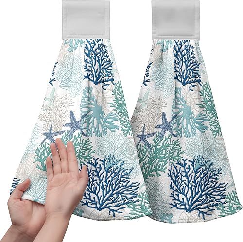 Juego de 2 toallas de mano colgantes de verano, color azul coral, juego de 2 toallas de cocina de playa y océano, toallas de baño costeras de