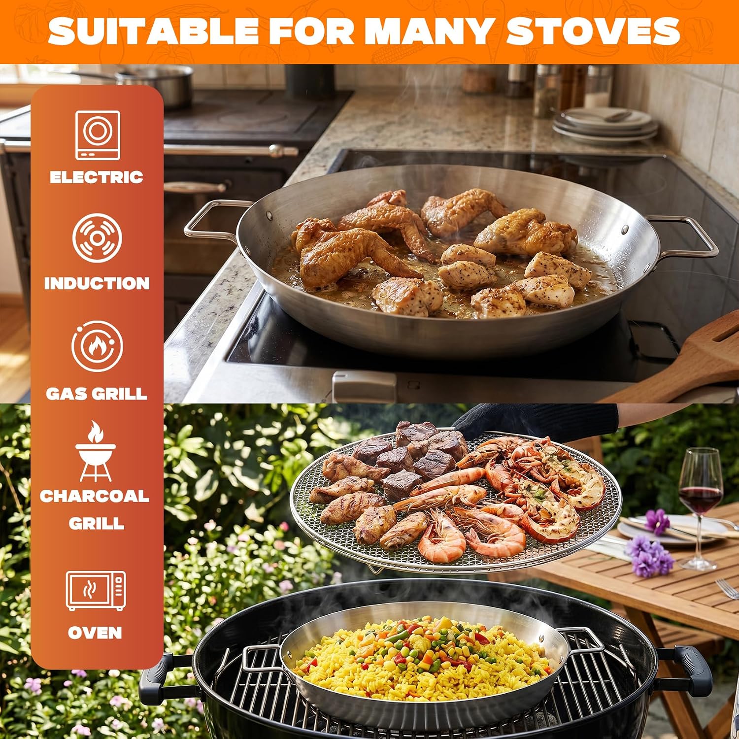 onlyfire 2-in-1 Stainless Steel Paella Pan and Grill Rack Combo Kit
