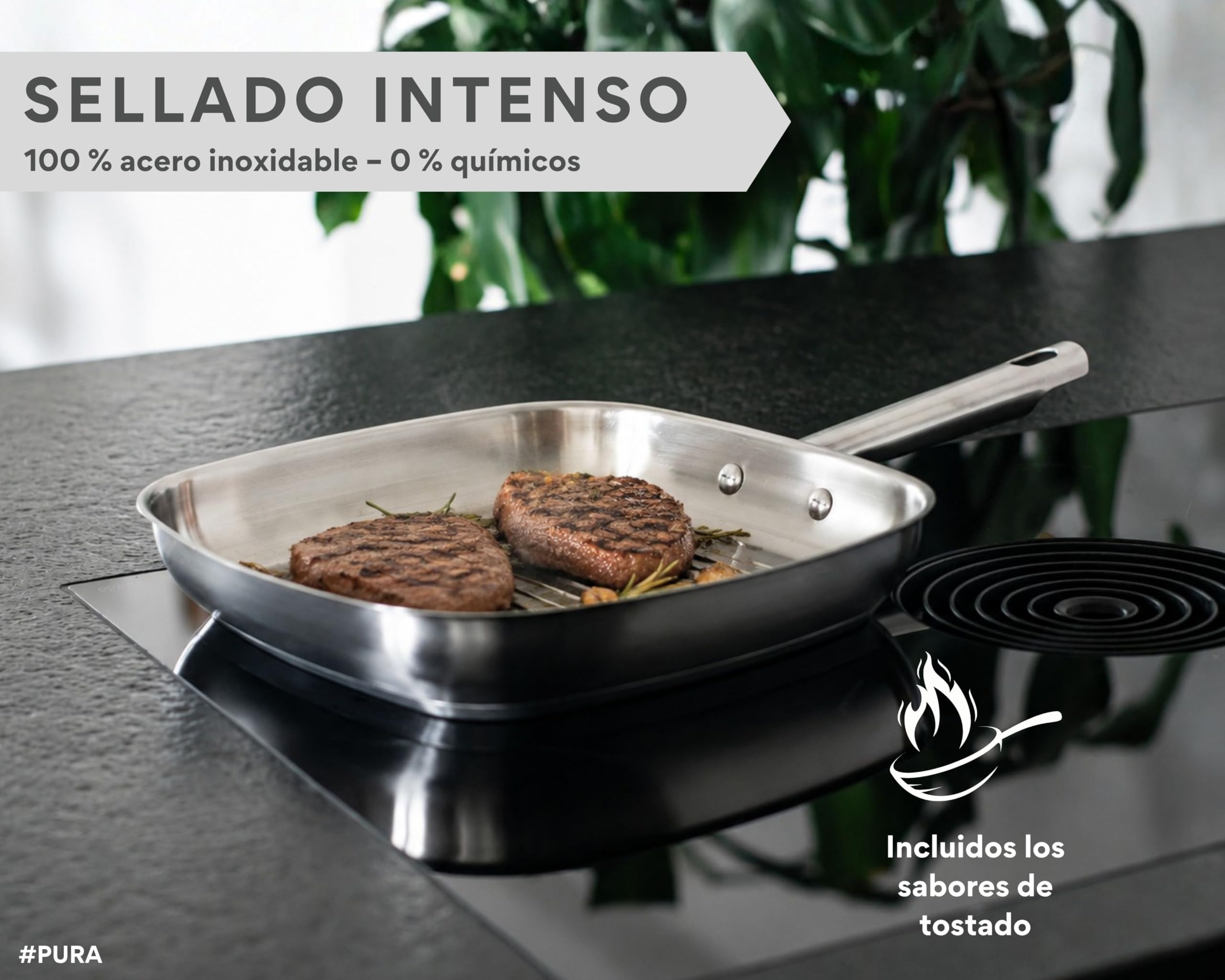 DIVORY Sartén Grill 28 x 28 cm, Sartén para Carne de Acero Inoxidable sin Revestimiento - Inducción, Apta para Horno y Todo Tipo de Cocinas, Sin PTFE ni PFOA (PURA, 28 cm)