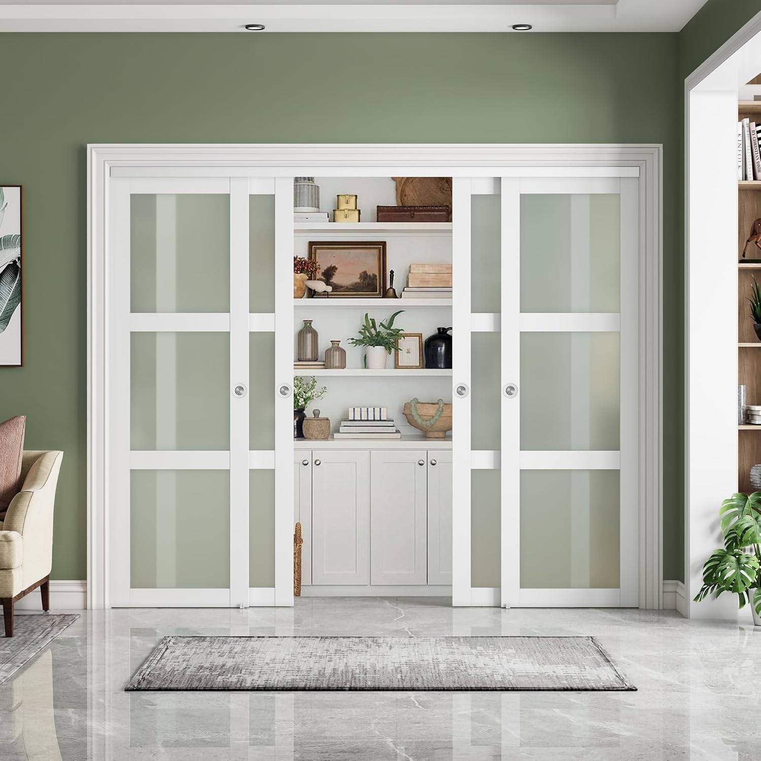 SMARTSTANDARD Sliding Closet Door 96x80(Double 48") Inch, Bypass Frosted Glass 3-Lite,Hardware Kit with Handles Included, Preassembled MDF with PVC Panels for Easy Install, White
