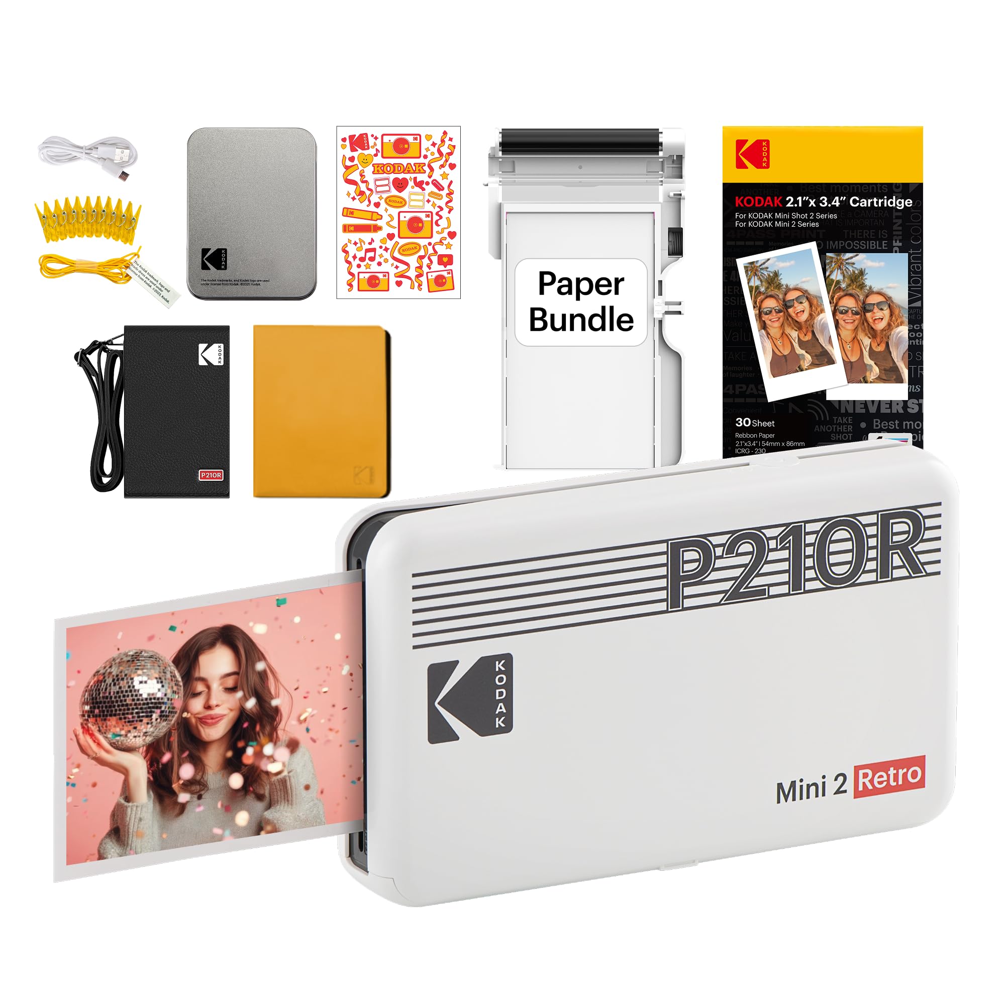 KODAK Mini 2 Retro 4PASS Portable Photo Printer (2.1x3.4 inches) Initial 8 Sheets + 30 Sheet Pack, Gift Bundle, White