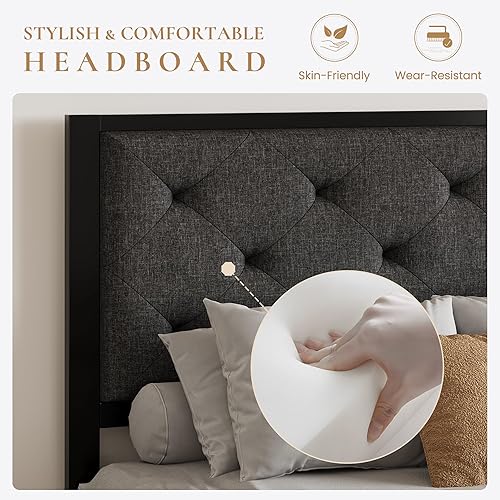Miniatura 4 de SHA CERLIN Armazón de Cama de Plataforma Metálica Tamaño Completo, Cabecera Tapizada en Lino con Botones Capitonados, Base de Colchón con Gris