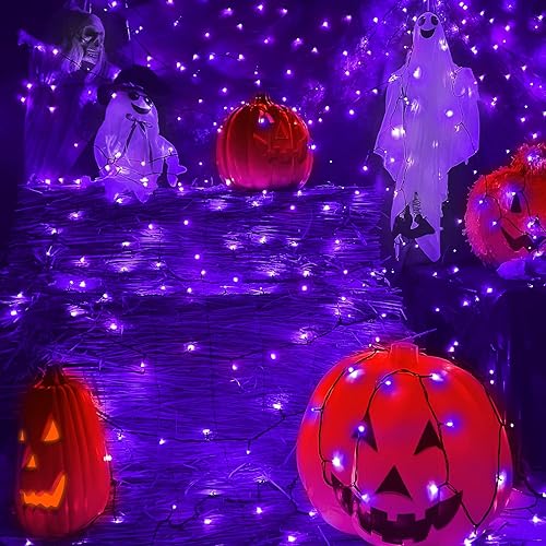 Miniatura 3 de TURNMEON Tira de luces LED moradas de Halloween de 50 pies a 150 pies para exteriores, funciona con pilas, cable negro con impermeable,