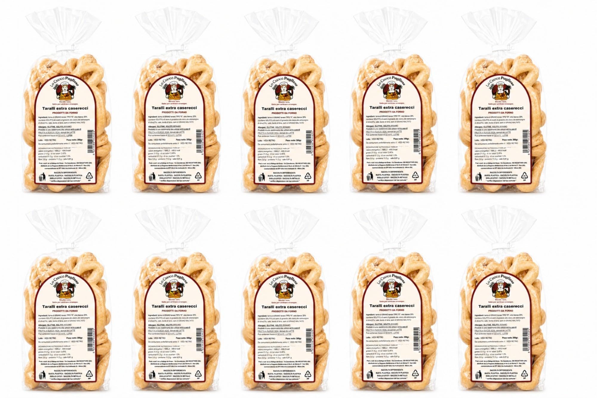 La Cuoca Pugliese - Taralli Extra Caserecci Artigianali Pugliesi, Taralli Salati Tradizionali Croccanti, Snack da Forno Ideali per Aperitivi, Confezione da 10 x 300 g