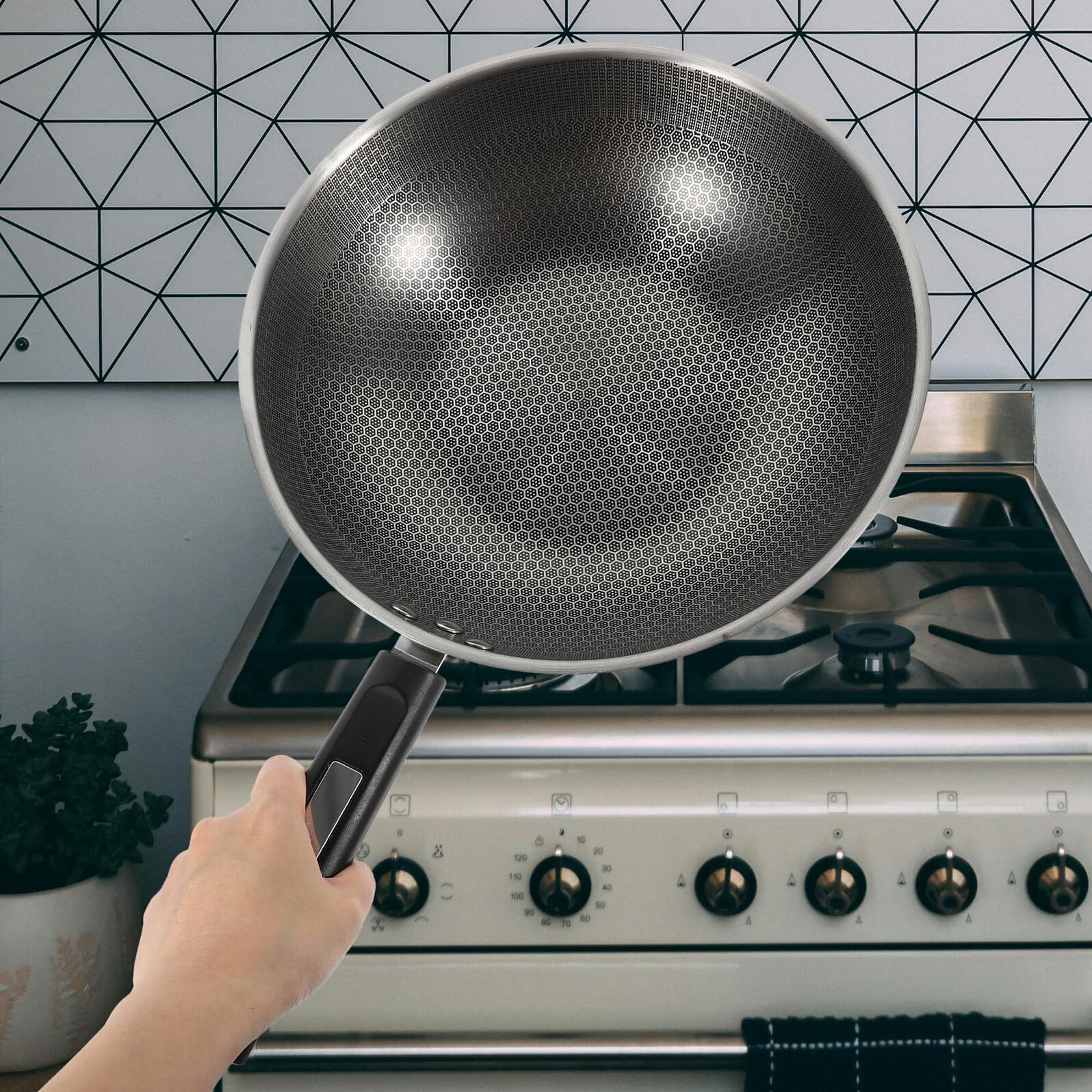 POPETPOP Padella per Antiaderente in Acciaio Inossidabile e Impugnatura Confortevole Fondo Piatto a Nido D'ape, Manico Ergonomico Cucina Quotidiana