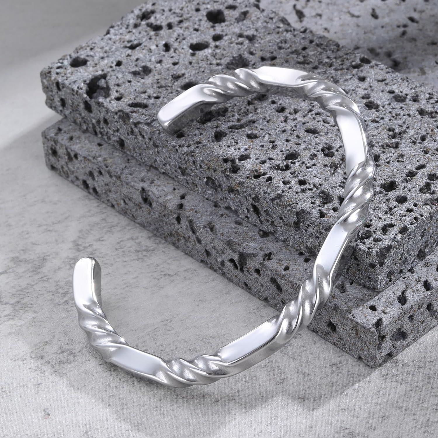 Hisatan Stainless Steel Mens Cuff Bracelet, Minimal Twist Cool Antique Retro/Silver/Black Open Metal Cuff Bangle Bracelets for Men, 65/70mm - Image 6