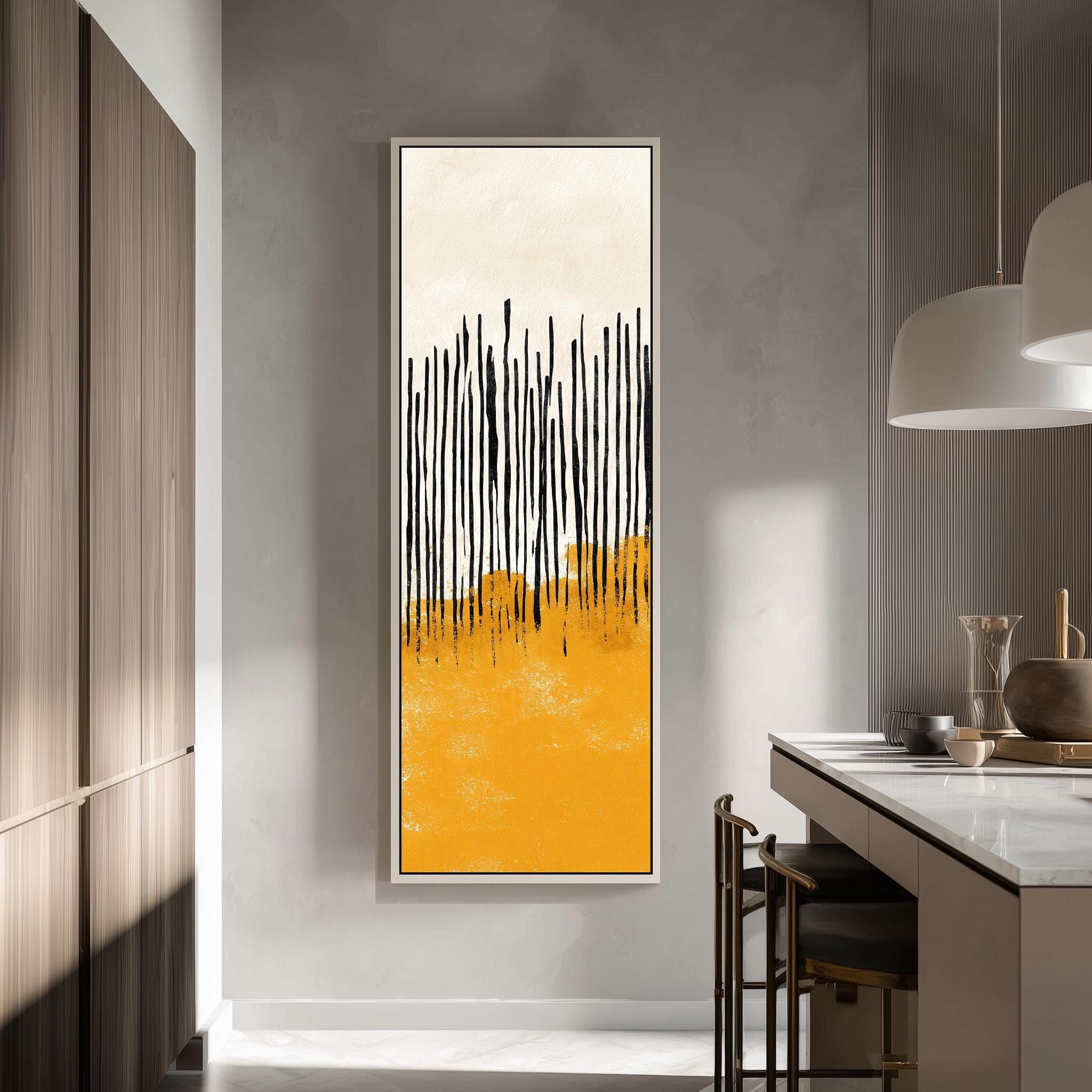 XINBAO Boho Abstract Picture Framed Pionowe Minimalistyczne Płótno Wysokie Wąskie Żółte Czarne Dekoracje Geometryczny Druk Ścienny (20x60 cm/Wewnętrzna Rama)