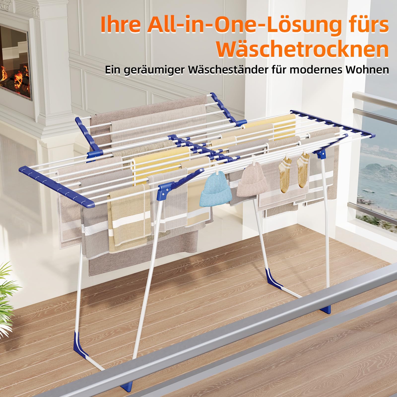 KINGBOARD Wäscheständer klappbar ausziehbar, Flügelwäscheständer 57 x 162 x 86 cm, Stabiler Standtrockner mit rutschfesten Füßen für Innen und Außen, Weiß