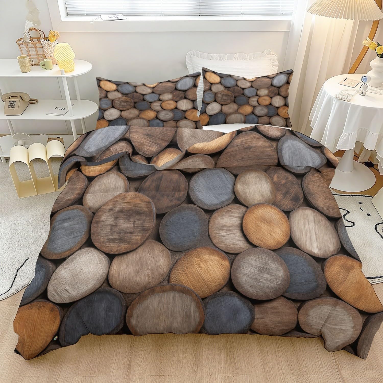 Zestaw pościeli 200 x 200 cm, mikrofibra, miękkie drewniane klocki, tekstura, dwustronny komplet pościeli z zamkiem błyskawicznym i 2 poszewki na poduszkę 80 x 80 cm, brązowy