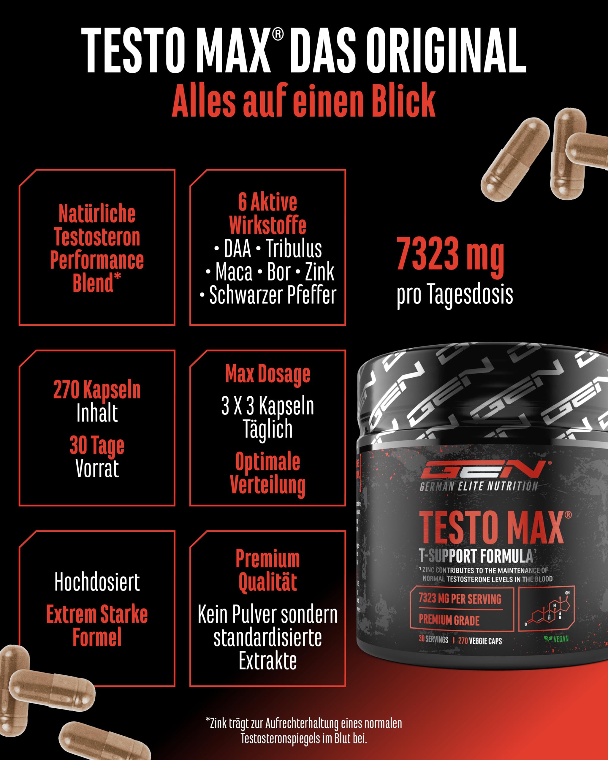 Testo MAX® - 270 Kapseln - extra hochdosiert mit 7323 mg pro Tagesdosis - mit D-Asparaginsäure - Tribulus - Maca Extrakt - Bor - Zink - Aminosäuren - vegan