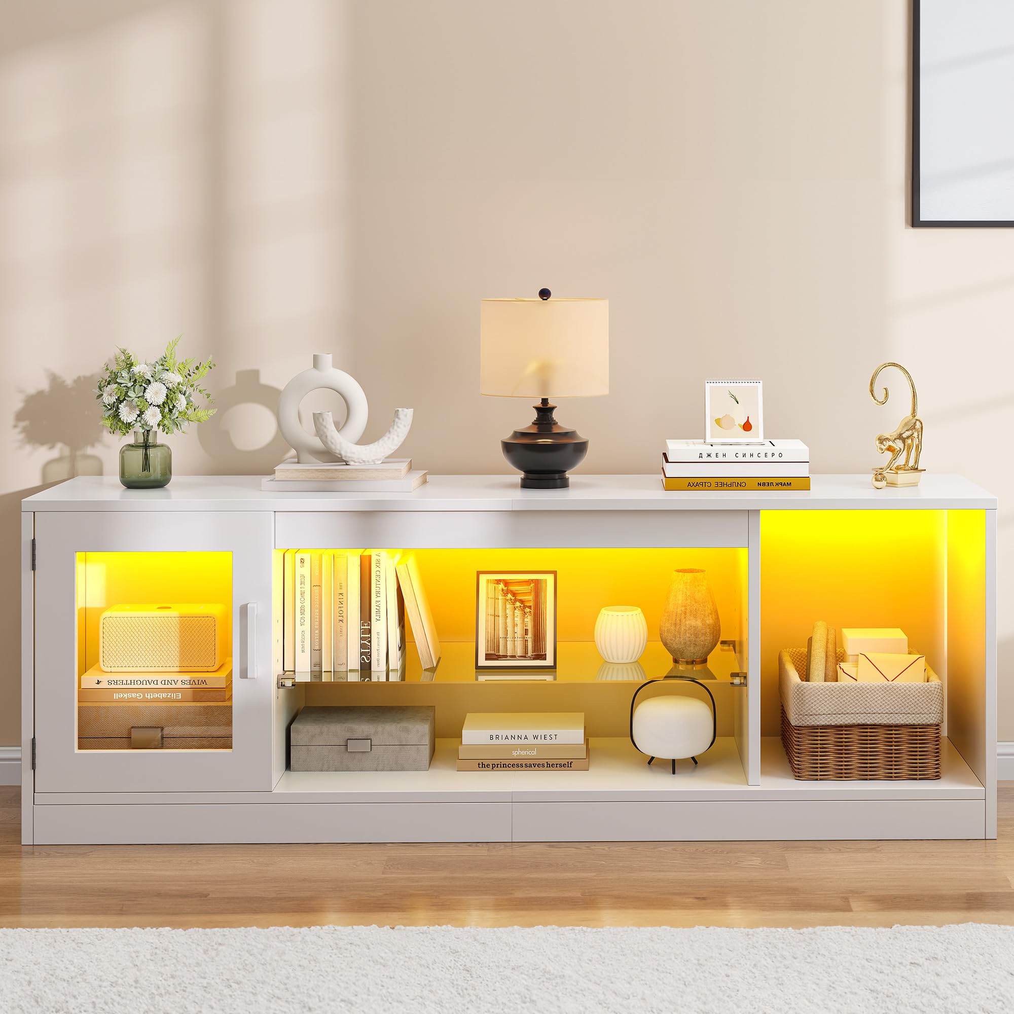 DWVO 148 cm Mueble de TV con Iluminación LED RGB 22 Modos para Televisores hasta 65 Pulgadas Mueble de Salón con Estantes de Cristal Regulables Ideal para Sala de Estar y Dormitorio