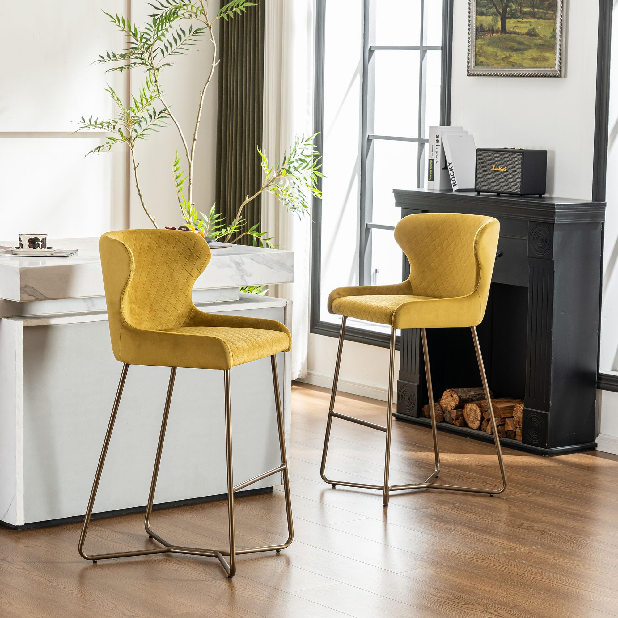 younturn Modern Velvet Bar Stools Set of 2, 70cm Seat Height Barstools with Quilted Backrest, Gold Metal Legs and Footrest, Stools for Kitchen Island, Breakfast Counter, Home Bar, Mustard Yellow