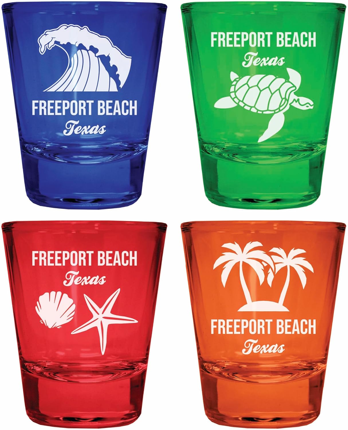 R and R Imports Freeport Beach Texas Souvenir 4 Pack Vasos Grabados Multicolor