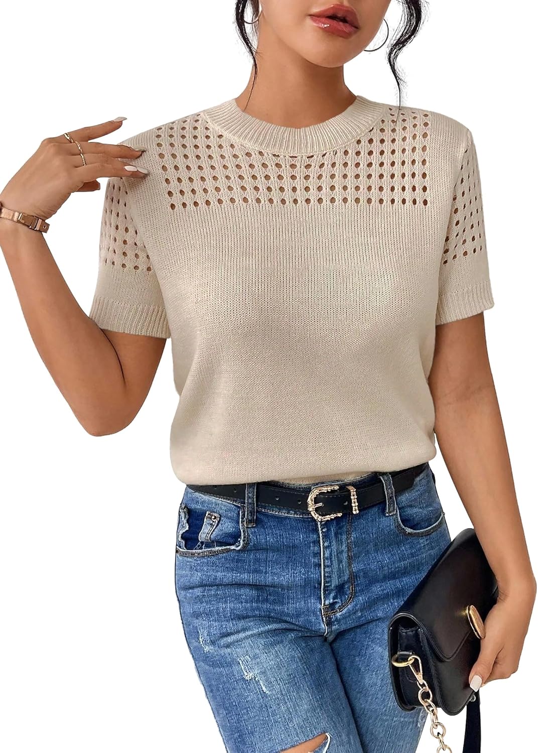Short Sleeve Sweaters for Women 2026 Casual Crewneck Summer Shirts Lightweight Hollow Out Knit Sweater Tops