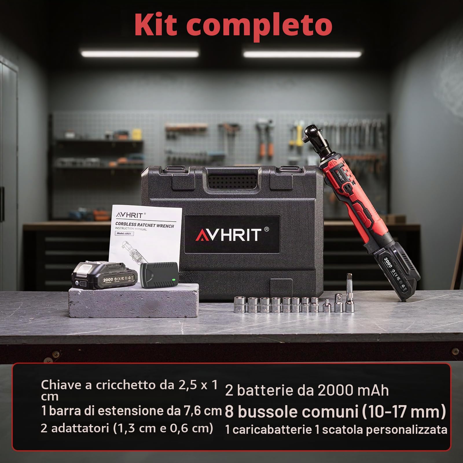 Chiave a cricchetto elettrica 3/8" Senza Fili: 120Nm (88 Ft-lbs) + 200 RPM, con 2 Batterie 2.0Ah, Luce LED e Set da 11 Boccole,Potente chiave elettrica per Auto e Riparazioni Domestiche