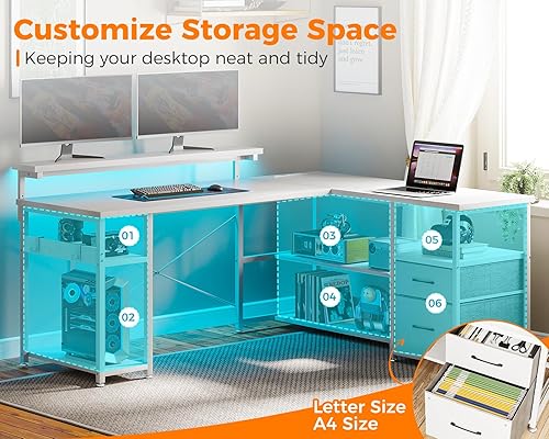 Miniatura 4 de ODK Escritorio para juegos en forma de L con tomas de corriente y rayas LED, escritorio reversible para computadora con cajón de archivos,