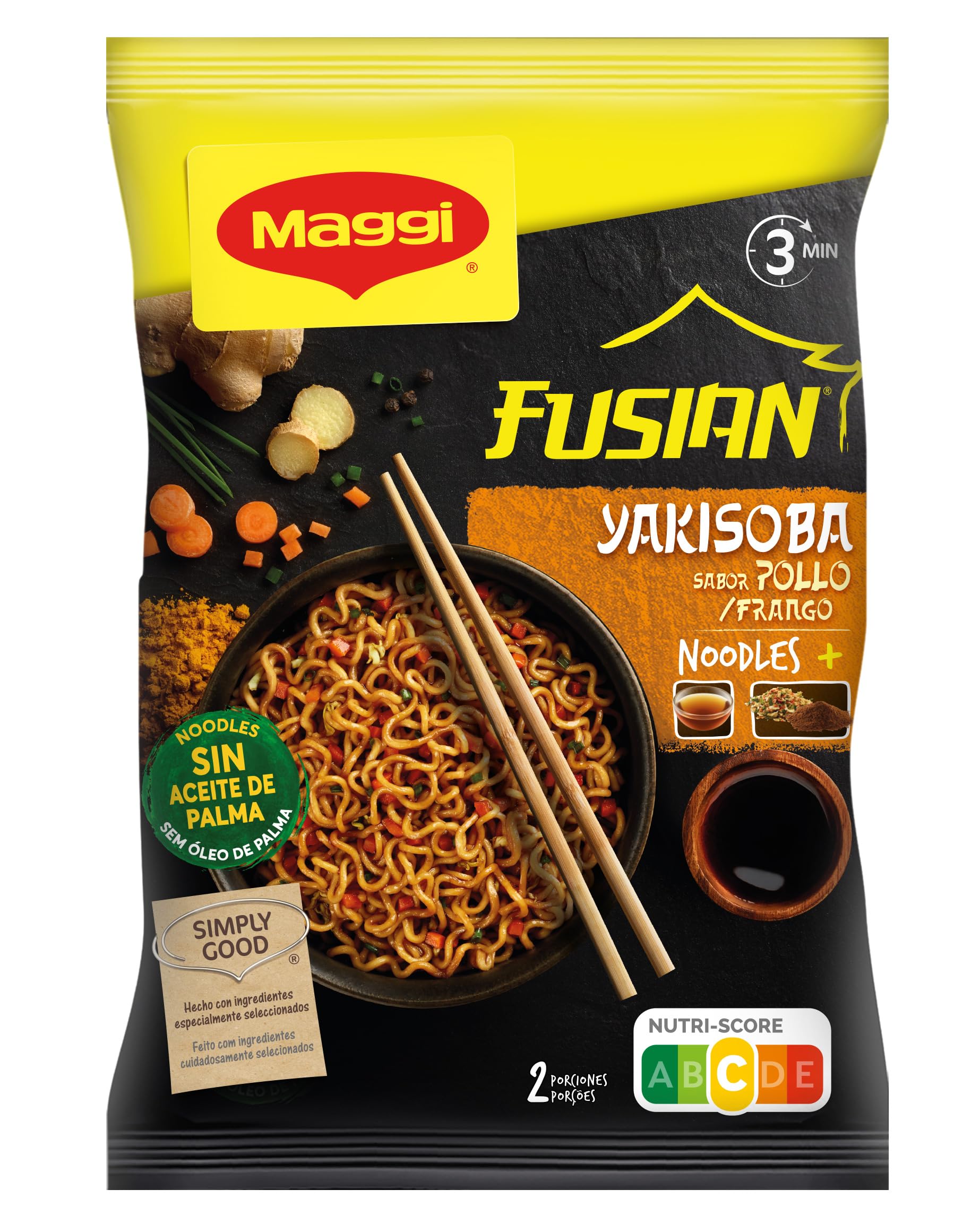 MAGGI Fusian Yakisoba Pollo - Noodles de trigo con salsa, hortalizas deshidratadas y condimiento sabor a pollo - Pack de 8 x 120g
