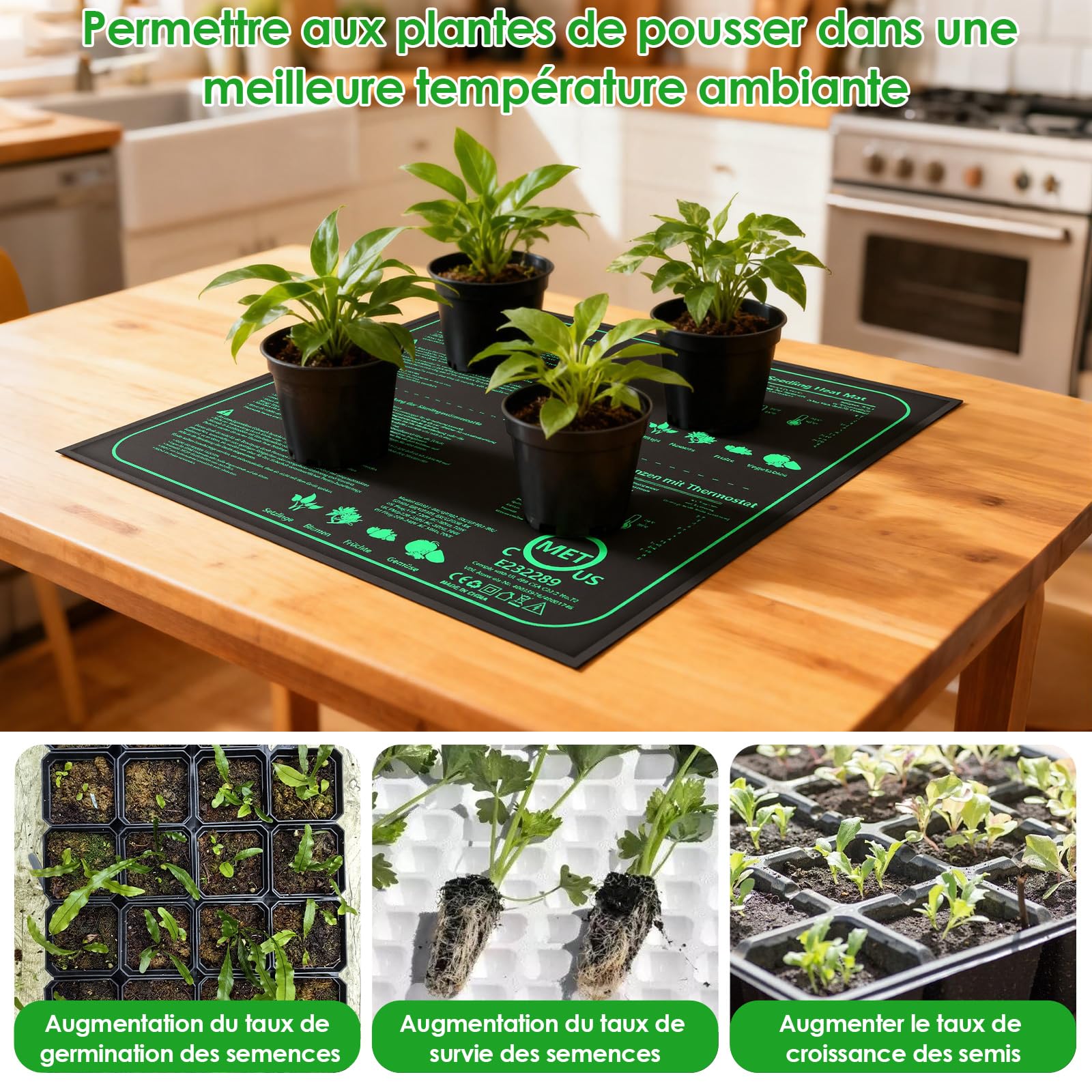 Thermostat Terrarium Tapis Chauffant 70W, 52×50cm IPX4 Étanche, Fil Chauffant en Silicone et Coton Aiguilleté, Tapis Chauffant Plante avec Contrôleur, 20-45℃, pour Semis, Animaux et Reptiles