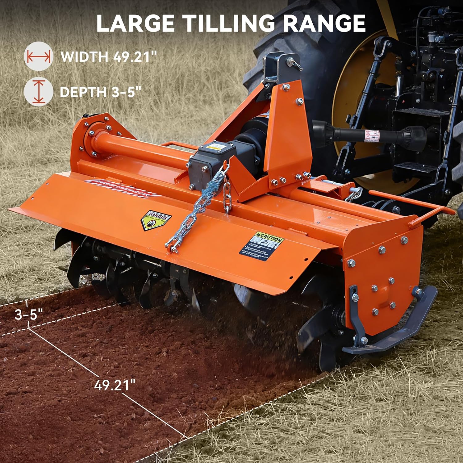 49" 3 Point Rotary Tiller Attachment for Cat 1 Tractors, 540 RPM PTO Driven Cultivator, Replaceable L-Shaped Tines, 5" Tilling Depth, Orange Carbon Steel
