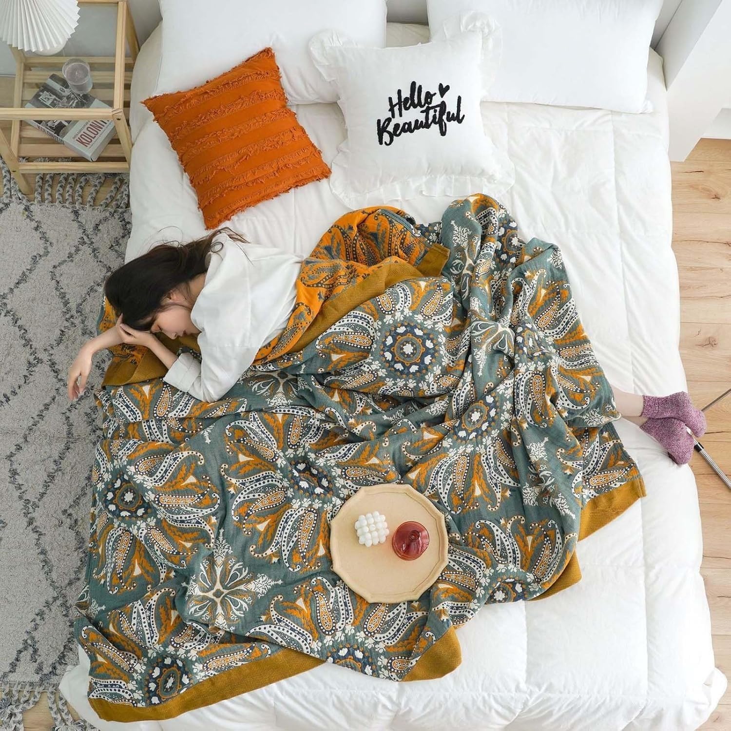 Boho Throw Blanket for Couch & Bed, 100% Cotton Reversible Farmhouse Decor, Soft Floral Pattern All Season Lightweight Blanket for Sofa Chair and Gift(B,King(90in*98))