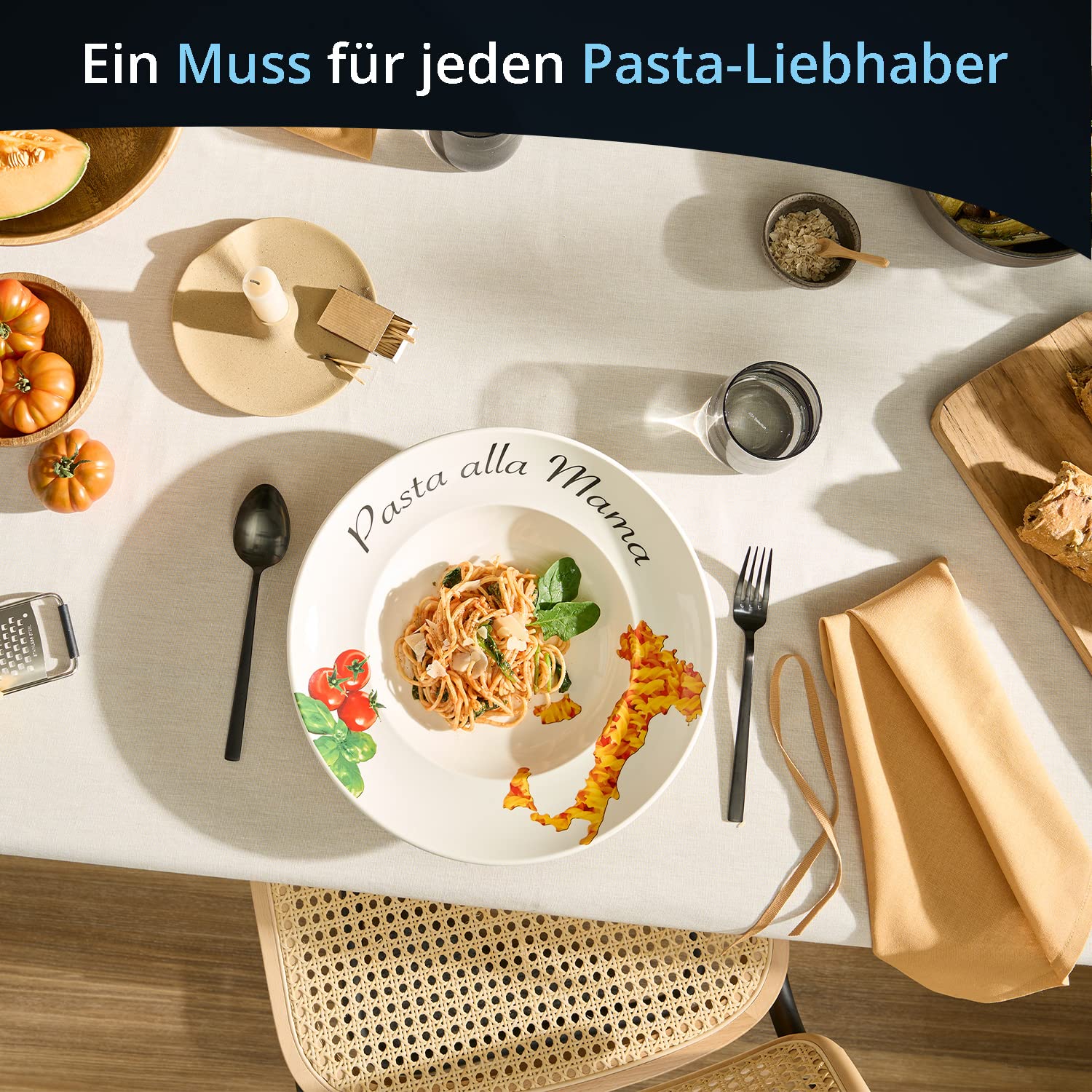 KHG 2er Set Pastateller, extra groß mit 30cm Durchmesser in Pasta alla Mama Print, perfekt für Gastro und Zuhause, hochwertiges Porzellan, Suppenteller, Salatteller, Spühlmaschinengeeignet