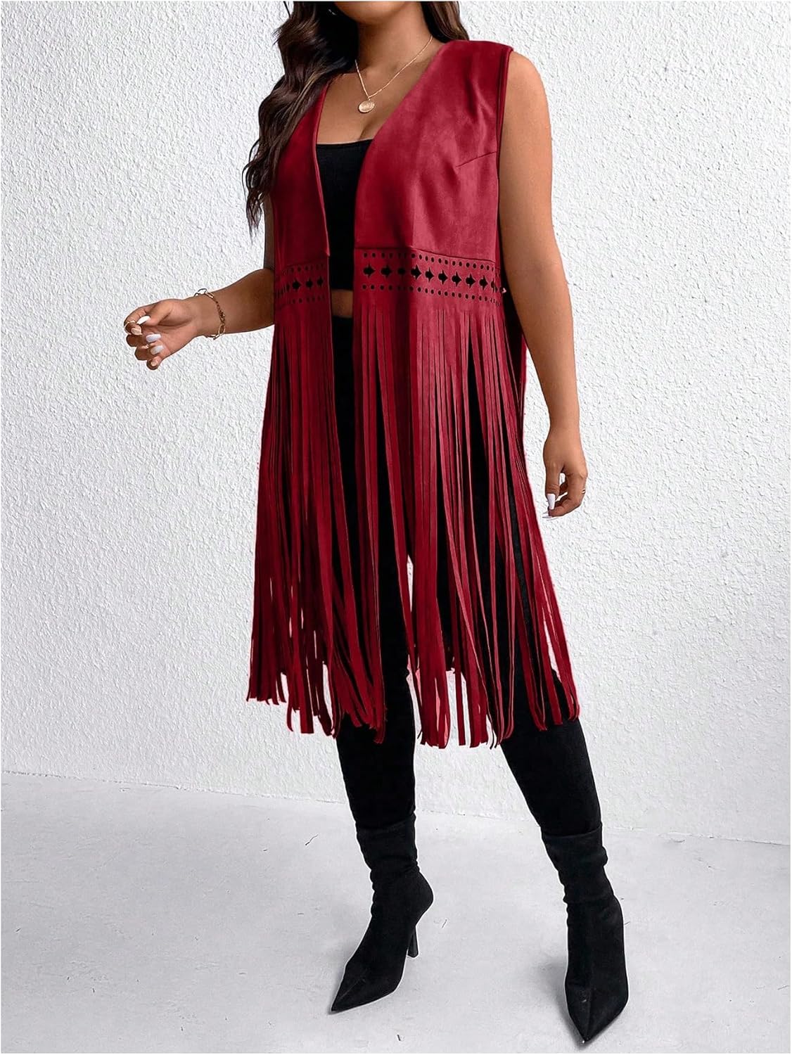 Women's Plus Size Western Fringe Vest Vintage Tassel 70s Hippie Sleeveless Jackets Cowgirl Outfit - Image 4