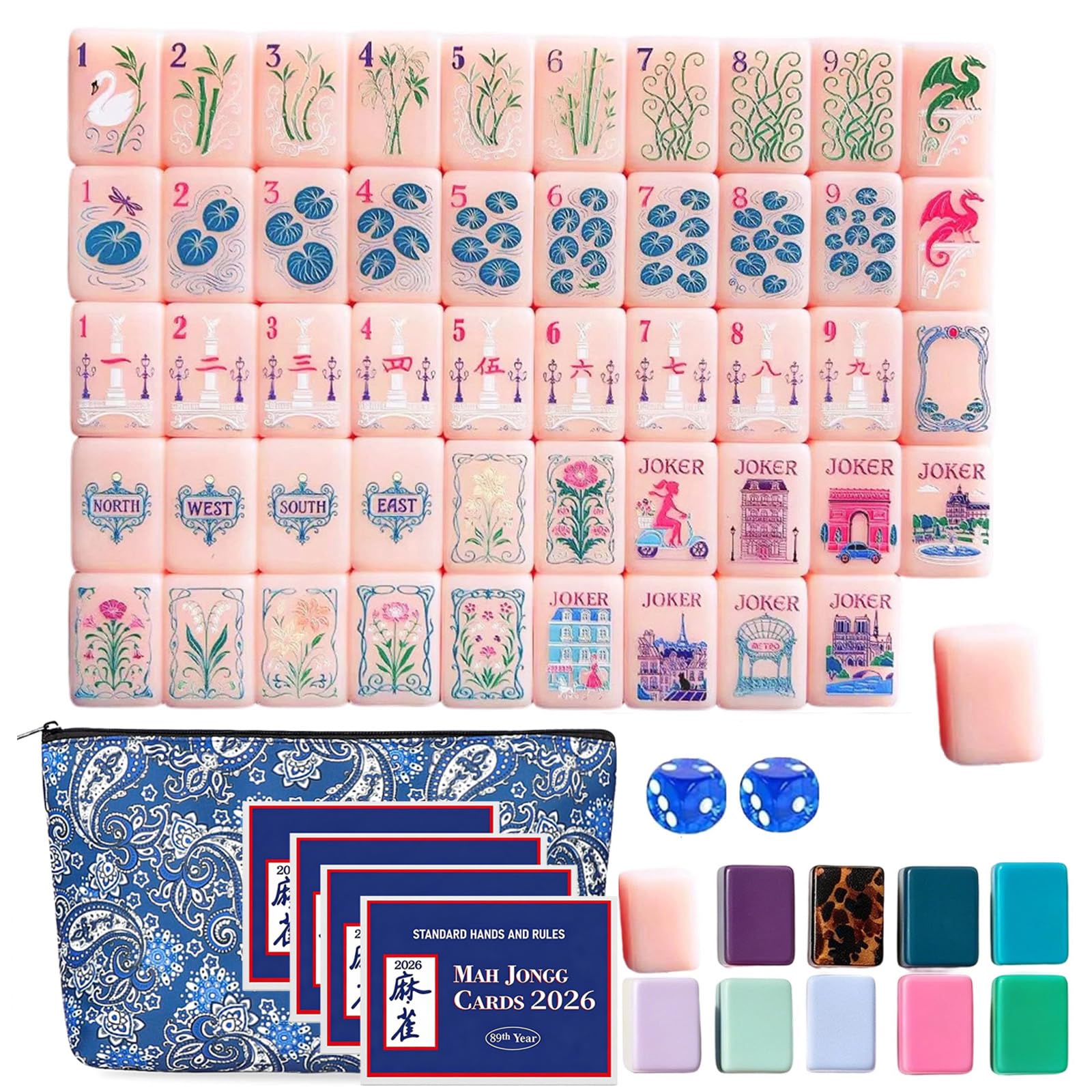 Tuiles de Mahjong à 4 Couches, Styles Variés – Ensemble de 160 Tuiles de Mahjong Américain en Acrylique Gravé, avec Sac de Transport Raffiné – Gravure Nette – Idéal pour la Maison (Pink-A,Standard)