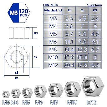 Pyroclasia Pack of 120 M3 Nuts Hexagonal Nuts Stainless Steel A2 V2A DIN 934 Hex Nut Stainless Steel Nut Hexagonal Nut Rustproof for Screws Washers Threaded Rods Indoor and Outdoor Use