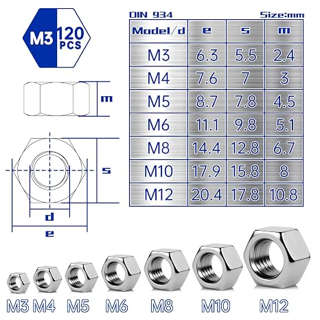 Pyroclasia Pack of 120 M3 Nuts Hexagonal Nuts Stainless Steel A2 V2A DIN 934 Hex Nut Stainless Steel Nut Hexagonal Nut Rustproof for Screws Washers Threaded Rods Indoor and Outdoor Use