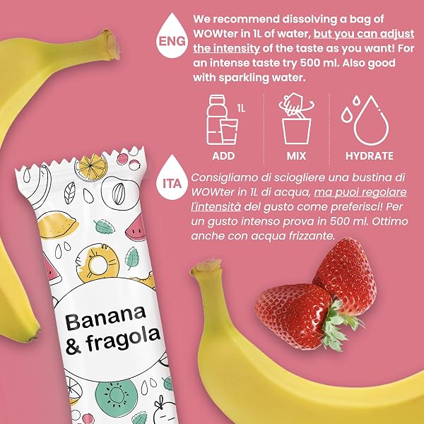 WOWTER by AMZ BETTER, Insaporitore d'Acqua, 24 Bustine di Polvere Solubile Gusto Banana e Fragola per Aromatizzare l'Acqua, Senza Calorie, Senza OGM, Senza Glutine, Senza Zuccheri, Made in Italy, 96 g - 3