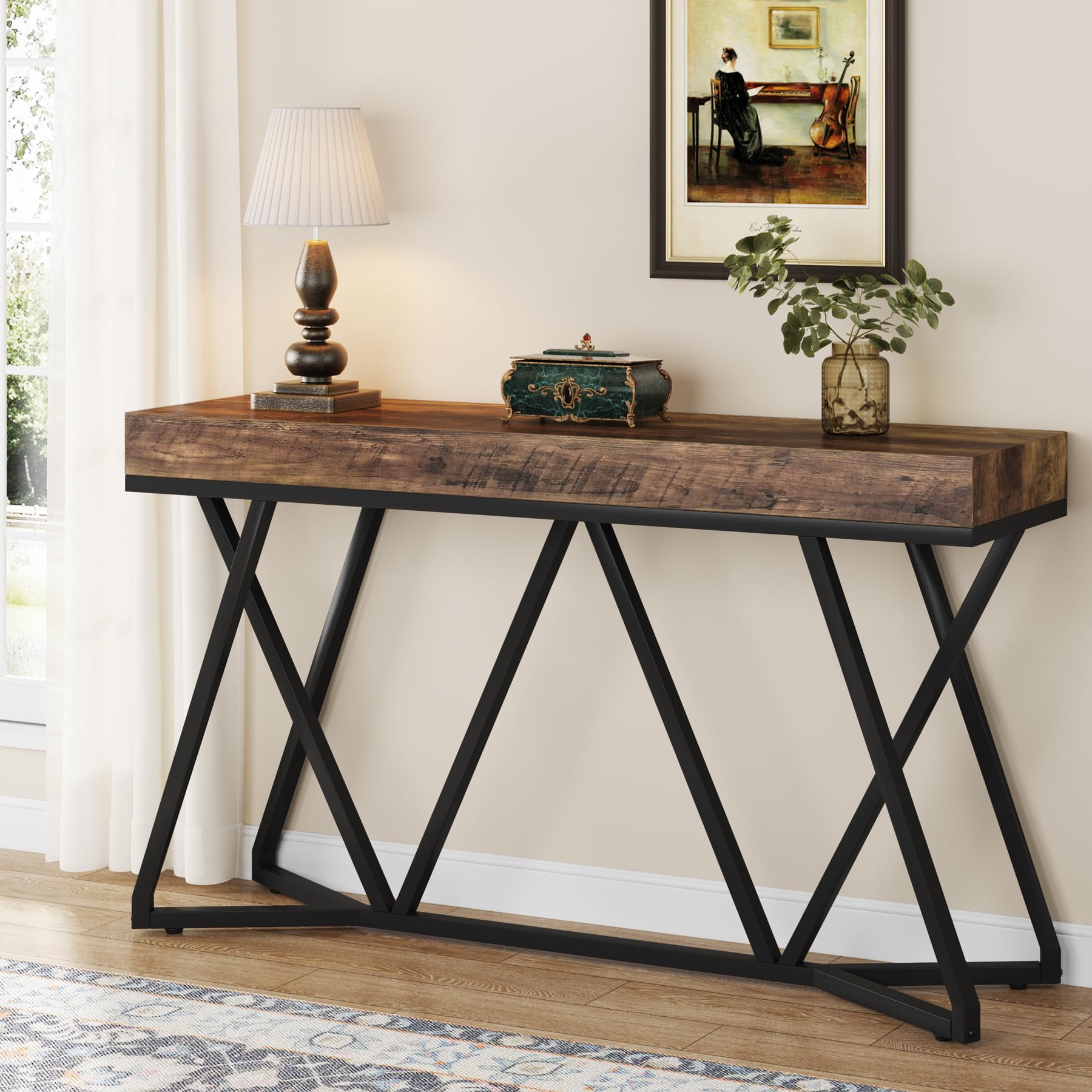 Tribesigns Mesa consola de 140 cm, sofá de granja, mesa de entrada con base metálica única, mesa de exhibición, mesa de vestíbulo, mesa de pasillo industrial para pasillo, salón (marrón)