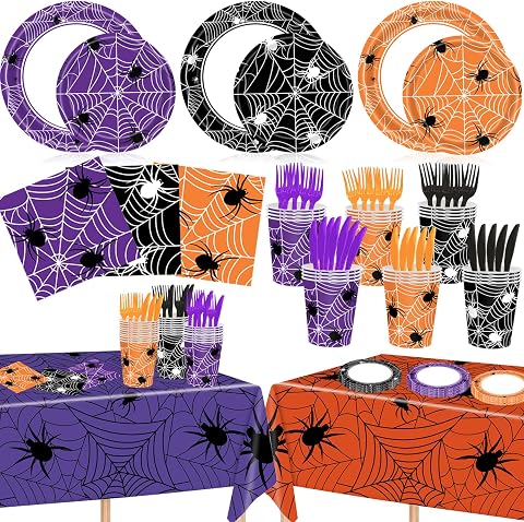 Halloween Party Tableware Set for 24 Guests, Spider Web Pattern, Disposable Paper Plates, Napkins, Cups, Forks & 2 Tablecloths