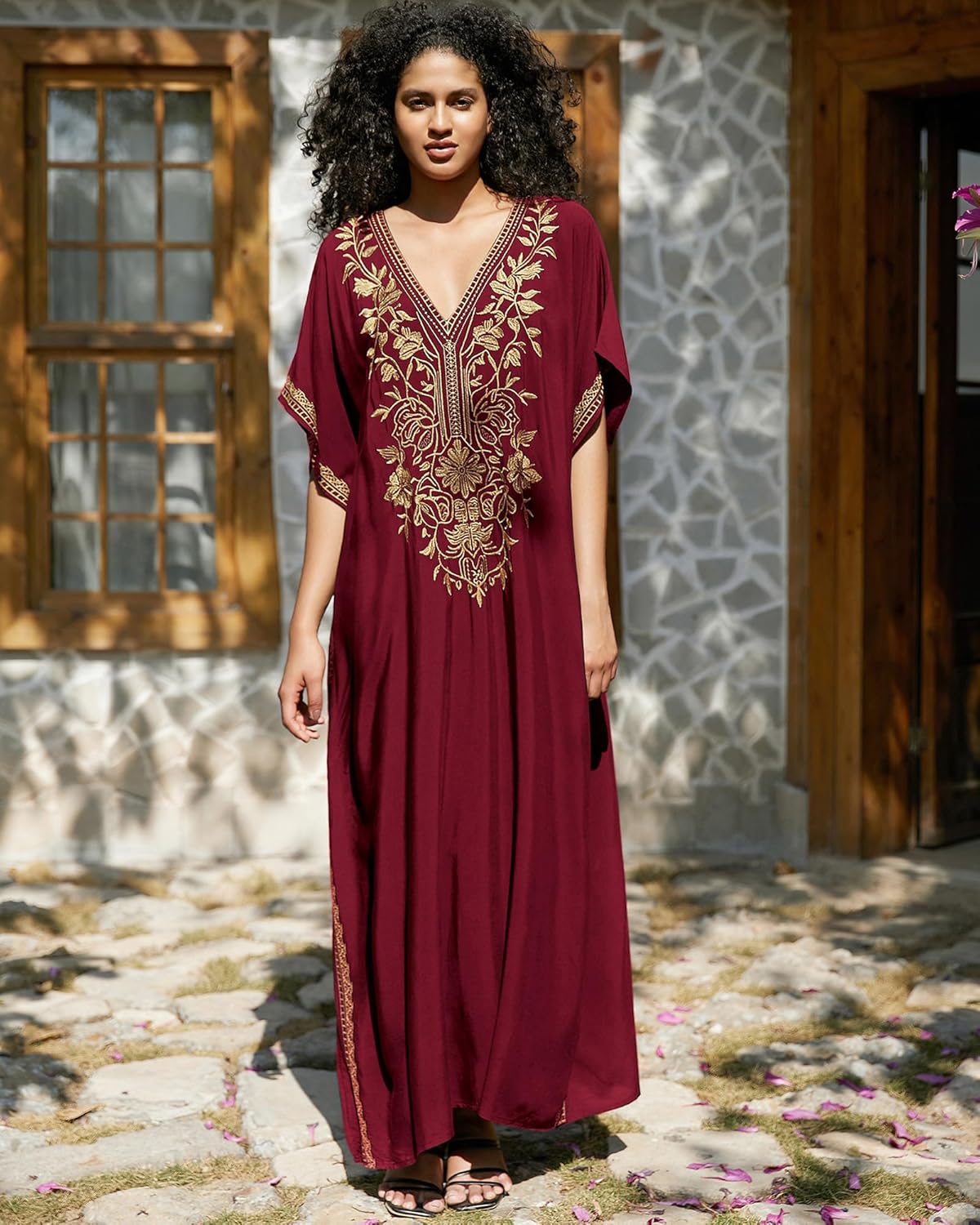 Bsubseach Kaftan Cover Ups for Swimwear Long Caftan Loungewear Gold Embroidery Swimsuit Cover Up Dress