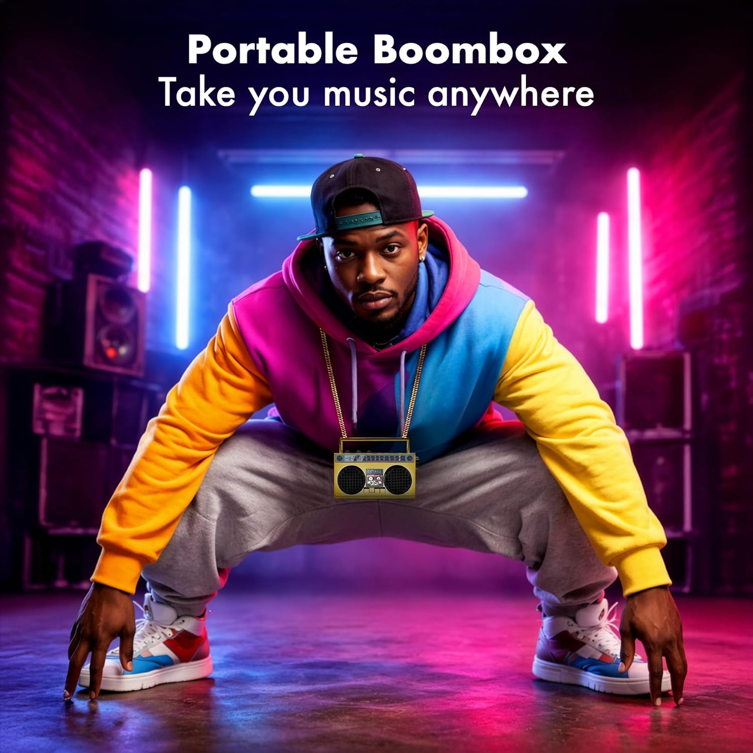 Portable Bluetooth Speakers, Retro Speakers Bluetooth Wireless Wearable Mini Bluetooth Boombox with 27” Neck Chain, FM Radio, On-Board Buttons, Dual 3W Peak Power Bluetooth Speaker for Home & Travel