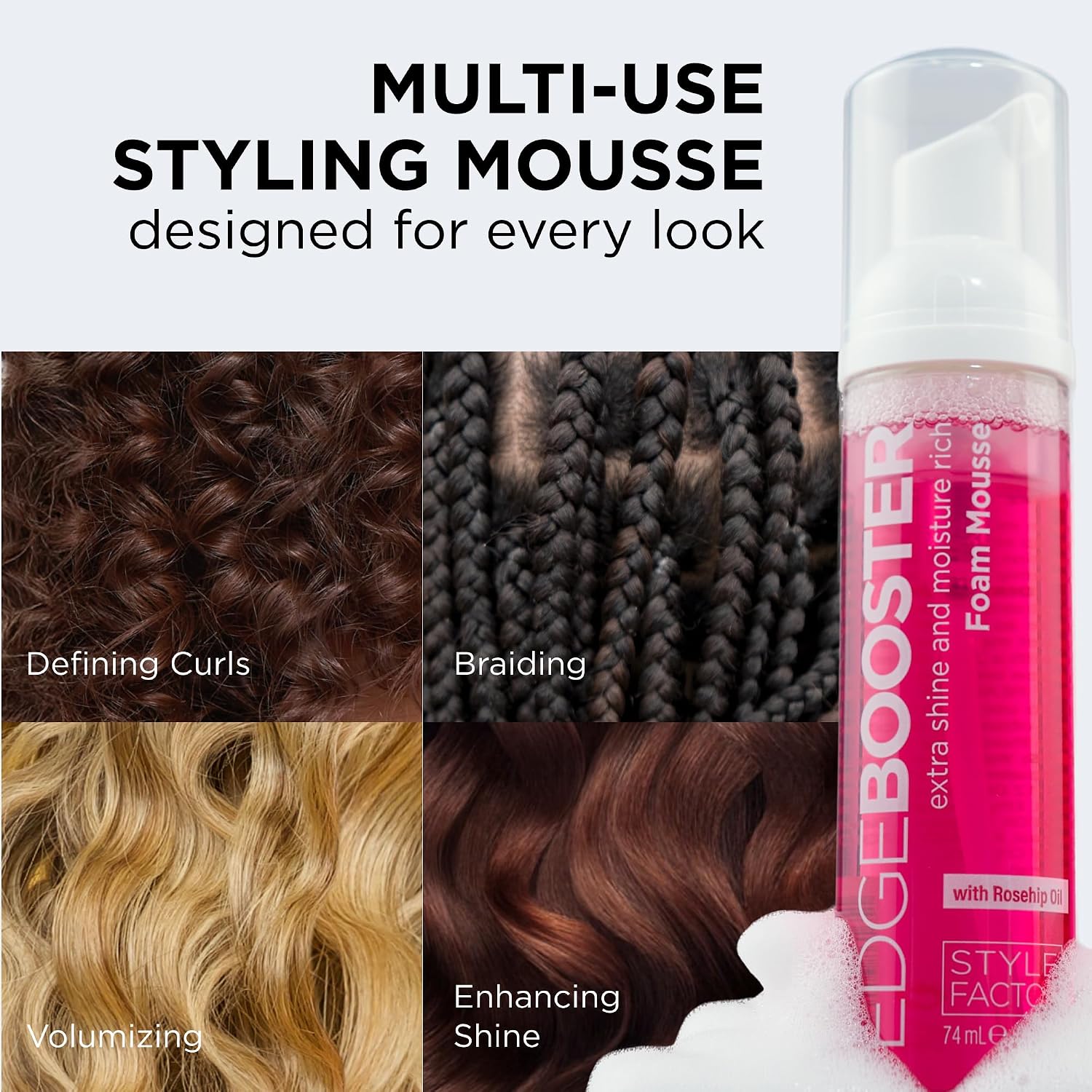 Style Factor EDGE BOOSTER Extra Shine & Moisture Rich Foam Mousse | Lightweight Styling for Curls, Waves, Braids & Locs | Volume & Shine | with Elderberry & Flaxseed Extract | 9 fl oz