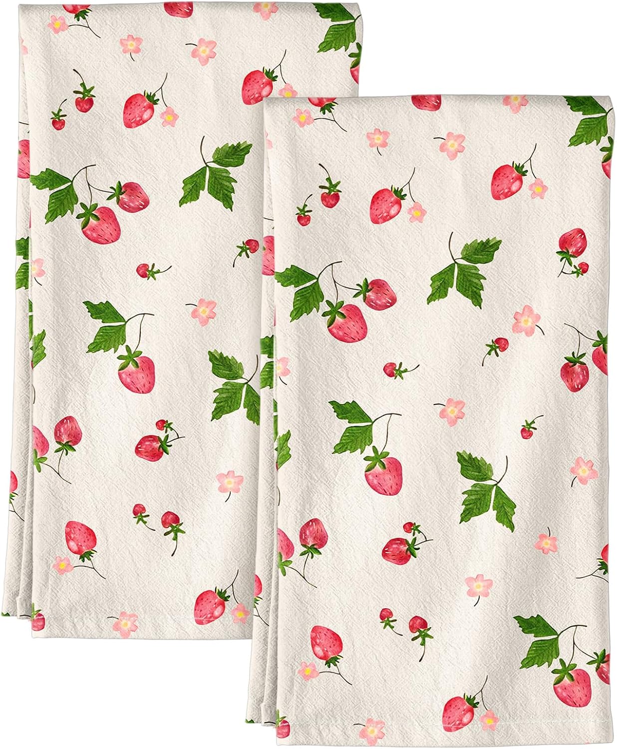 Flour Sack Kitchen Towels - Set of 2 Spring Dish Towels with Hanging Loop 18x26 Inch Absorbent Reusable Cotton Cloths for Cleaning Cute Design Home Decorative Housewarming, Color Strawberry