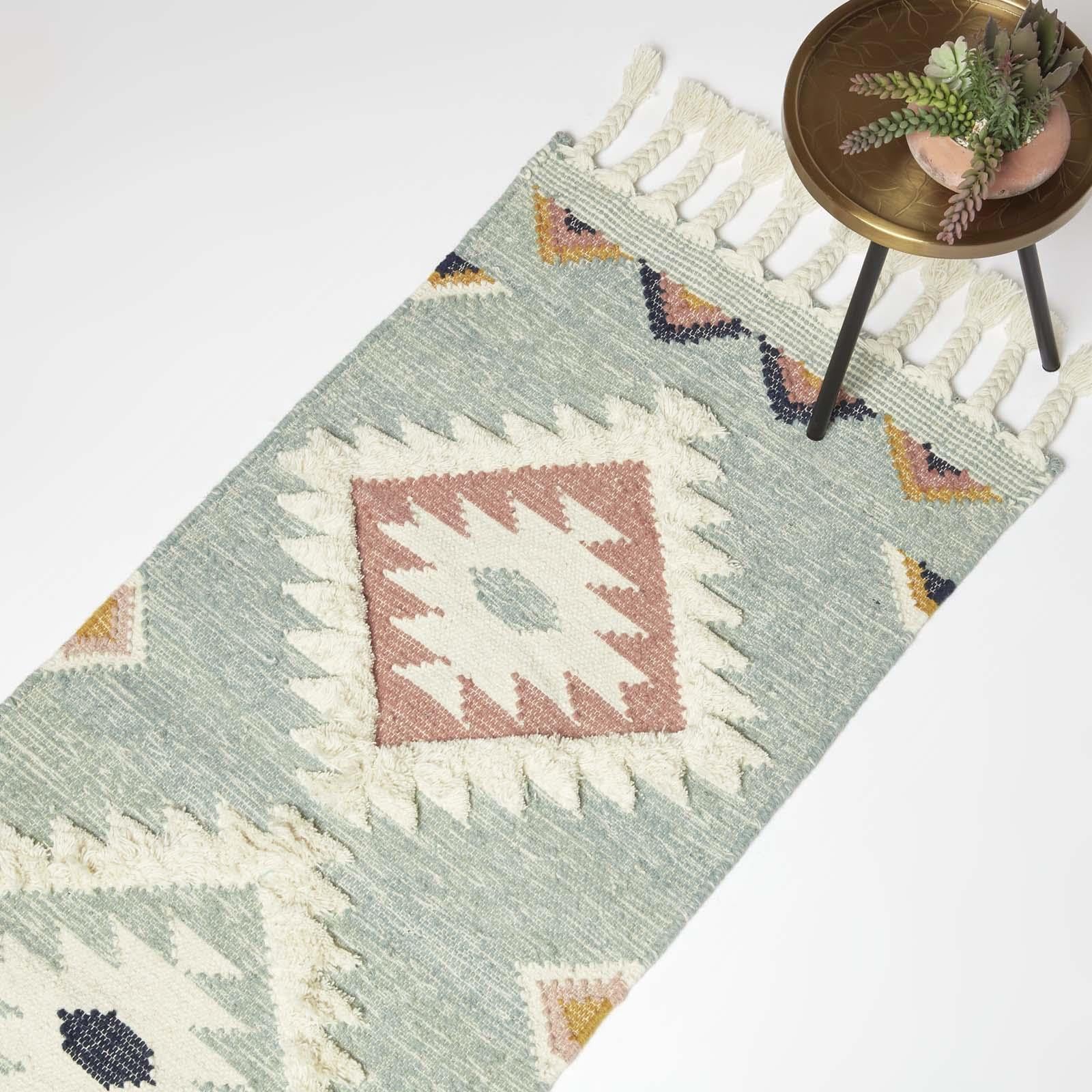 Tapis de couloir kilim fait main en laine Homescapes Tenali bleu