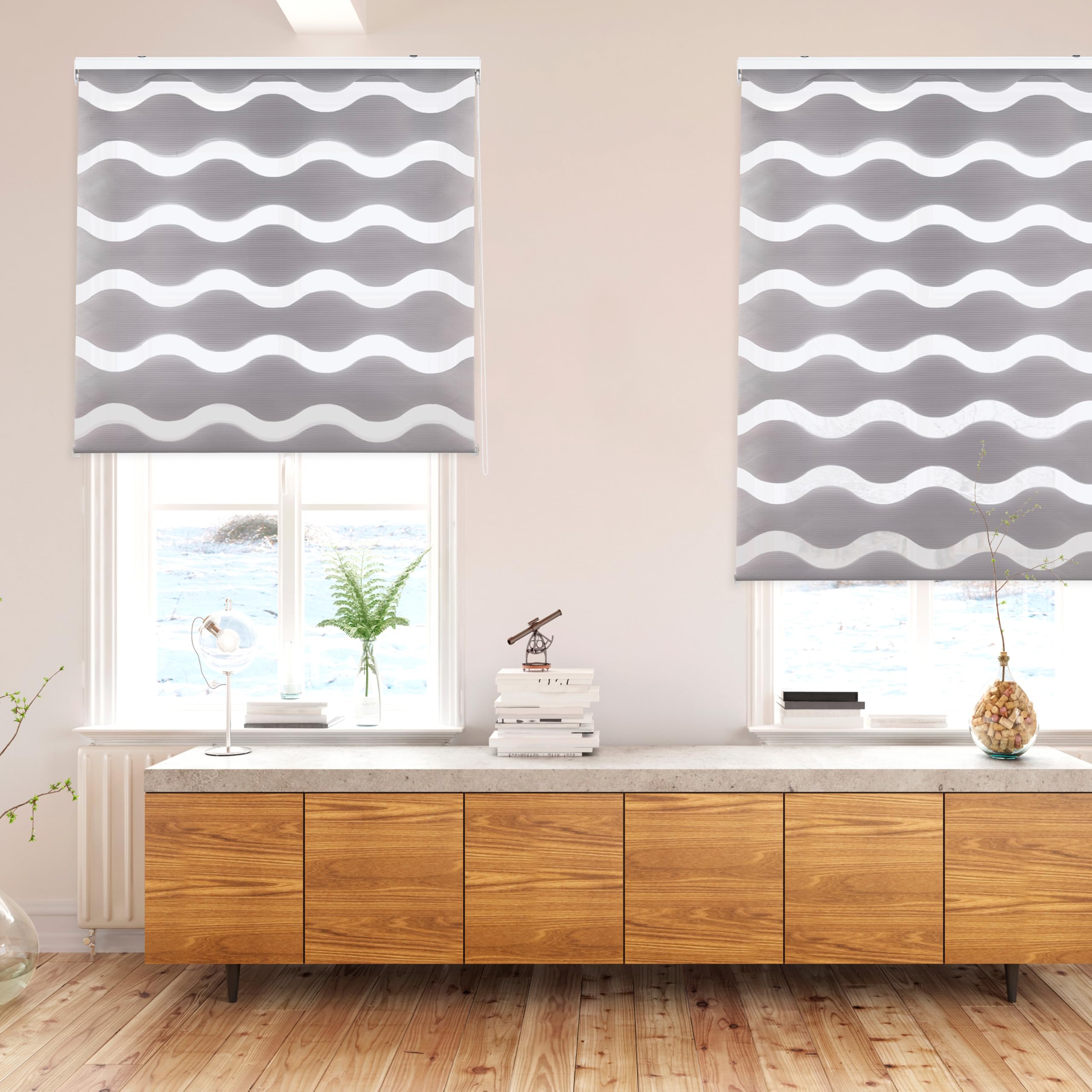 Blindecor Lira Roleta dzień i noc, zasłona wewnętrzna, eleganckie zasłony dzień i noc, 140 x 180 cm, Srebrno-Szare Fale