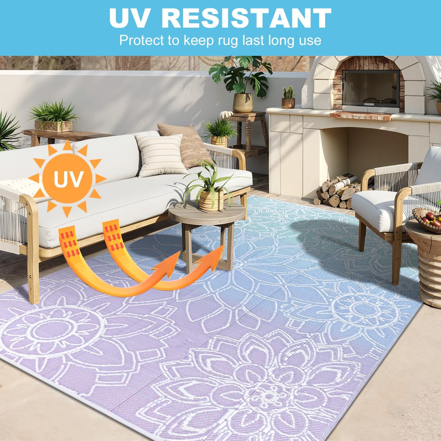 LOKHOM Outdoor Rug for Patio 5x8 ft Reversible Plastic Straw Patio Camping Rug, Floral Waterproof RV Mat for Camper Indoor Outdoor Carpet for Deck Porch Picnic Beach Balcony Backyard, Blue-Purple