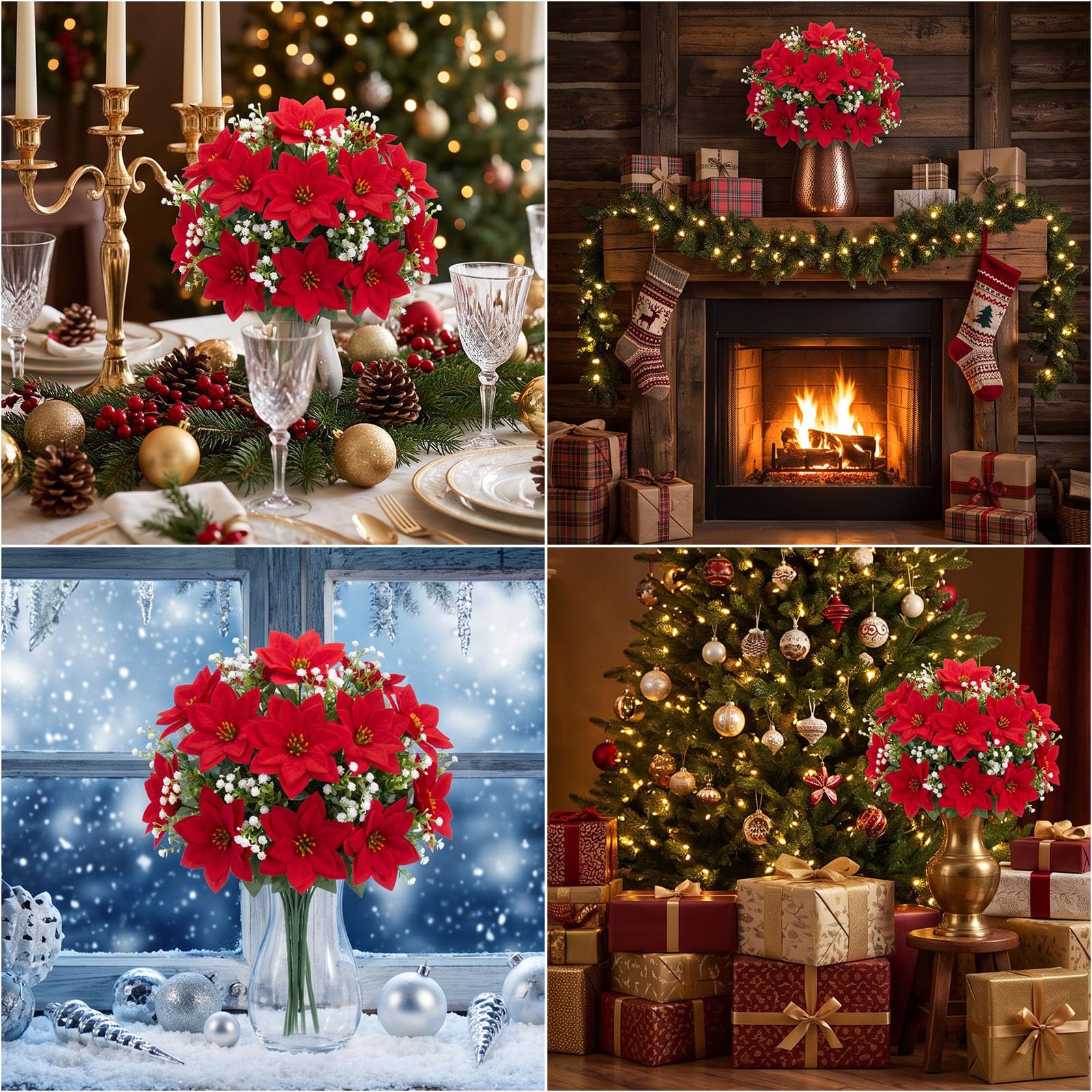 Hotop Künstliche Sträucher mit Weihnachtsstern, 16 rote Weihnachtssterne, 8 weiße Kamelien, gemischter Blumenstrauß, Stoff, Kunststoff, Blumen, Dekoration für Weihnachten, Tischvase, Kaminsims
