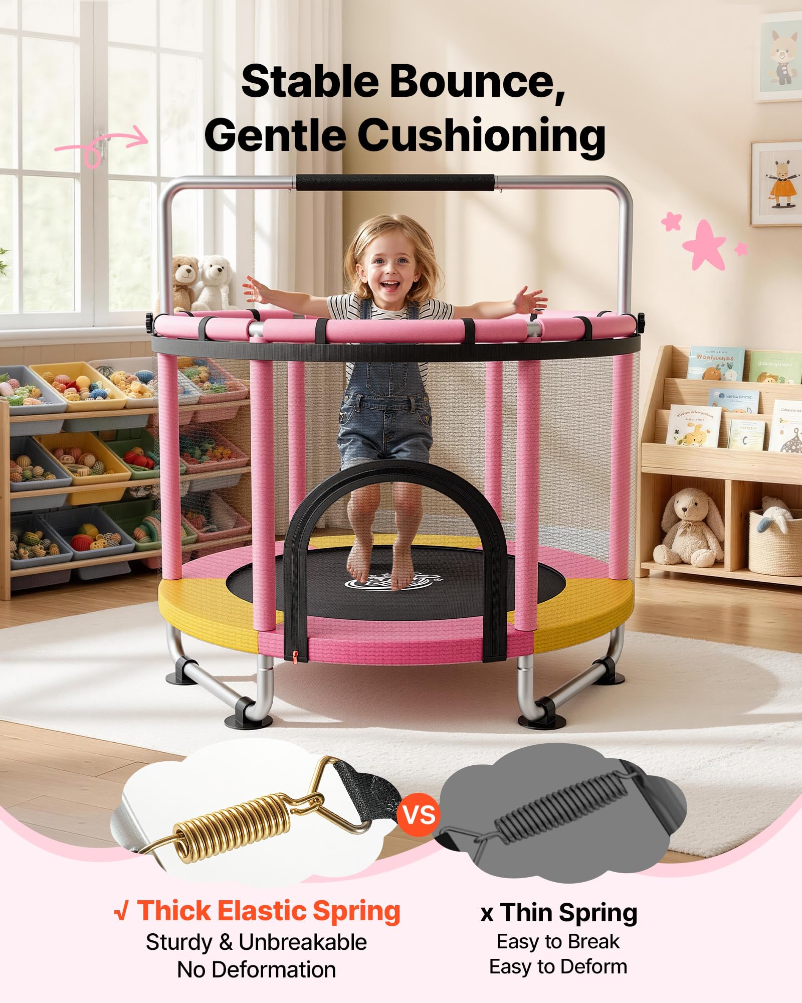VEVOR Trampolino Elastico per Bambini Rete Protezione 150 cm Carico 60 kg, Trampolino Giocattolo Esercizio per Bambini da Interno Esterno Barra Regolabile Tappeto Integrato, Manubrio a 3 Livelli
